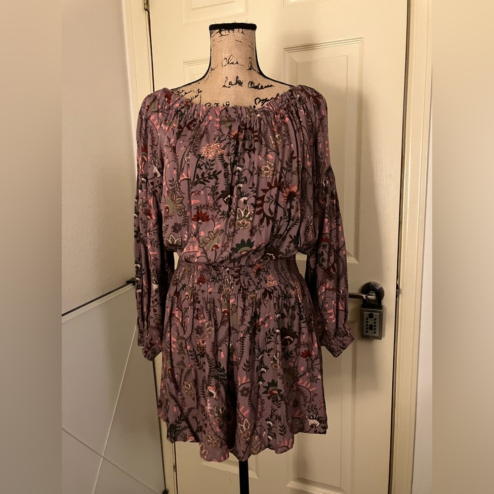 Free people Floral paisley boho chic Off shoulder open back romper Large L 12